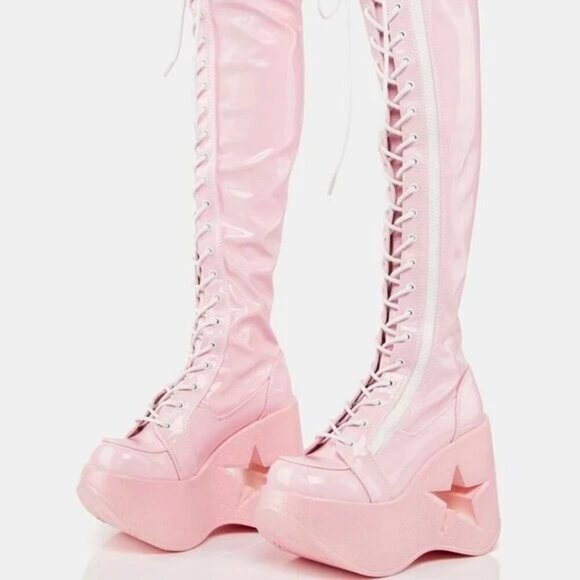 Demonia THE " DYNAMITE PINKY " 300 Knee High Boots Thigh High (Brand new) - Picture 1 of 6